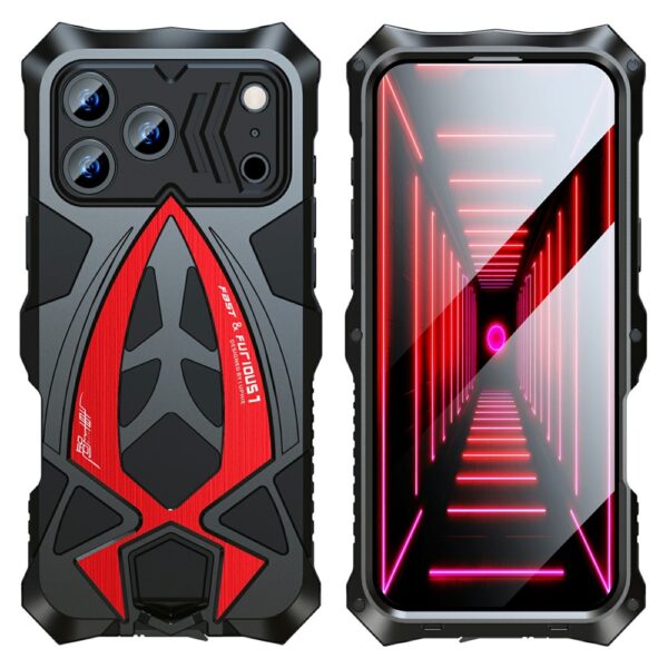IPhone 17 Pro Max Case Sports Car Design Shockproof Metal + TPU Phone Cover with Screen Protector - Black / Red